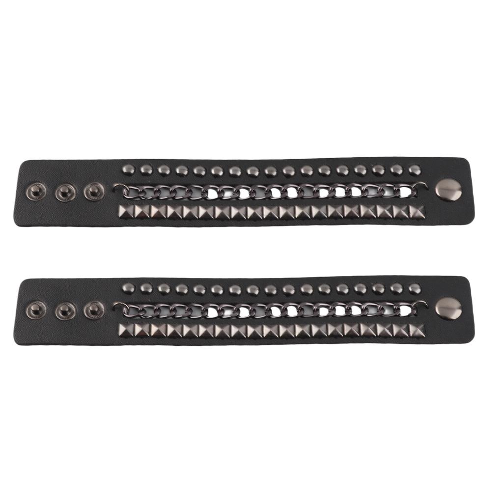 2Pcs Punk Wristband Vintage Multi‑Layer Rivet Motorcycle Faux Leather Cuff Bracelets