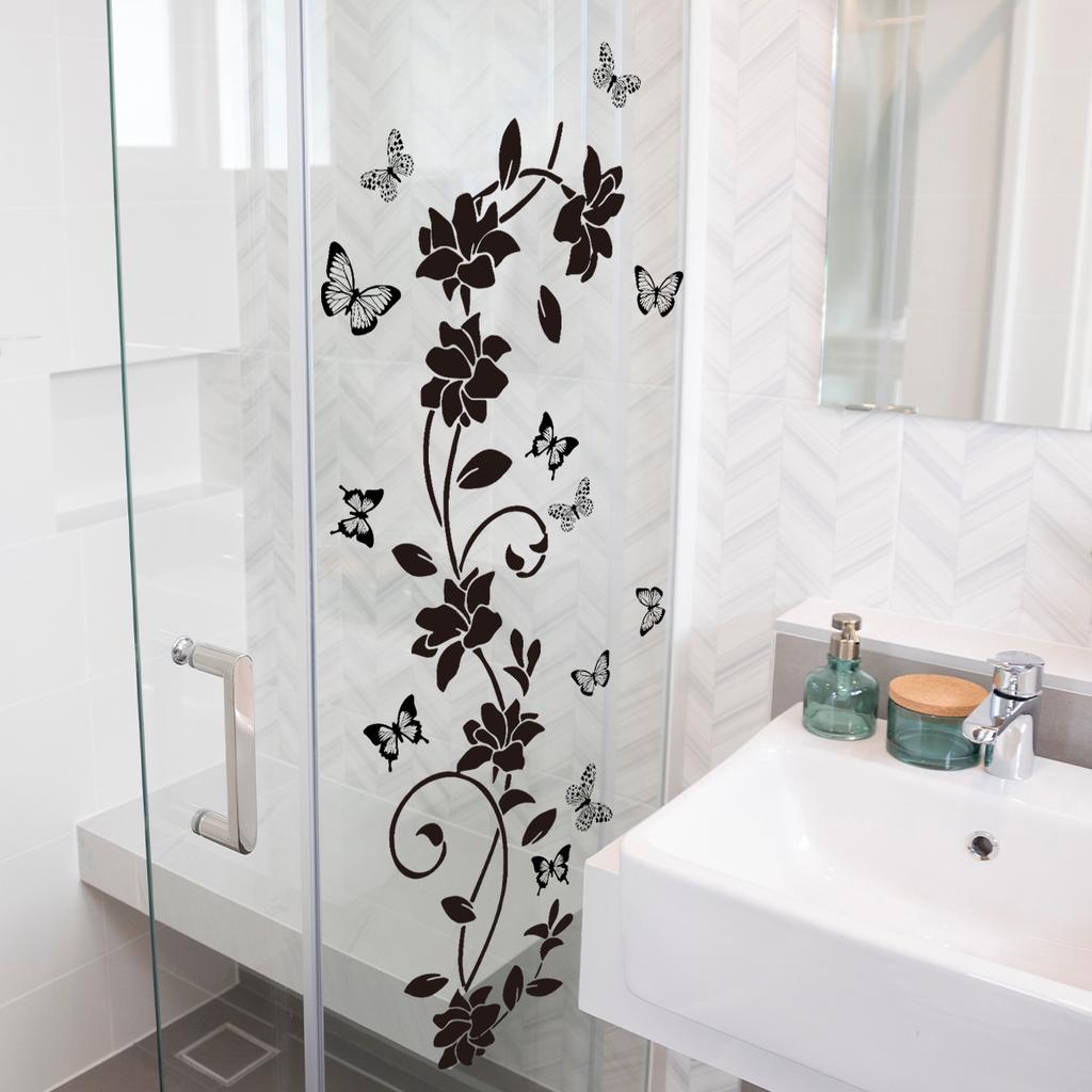 Simple Black Flowers, Butterflies, Vines, Mirrors, Glass Stickers, Home Bathroom Decoration, Self-Adhesive Wall Stickers