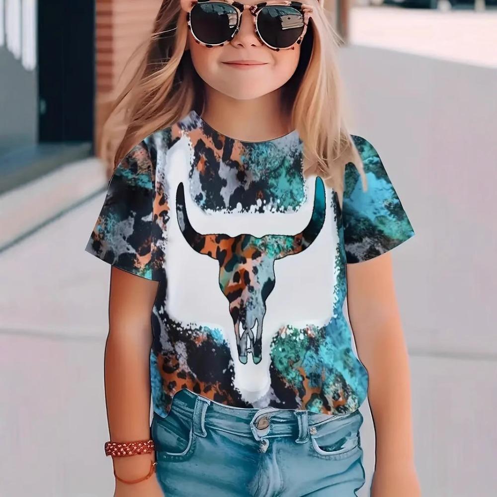 Girls' T-shirt tops fashion casual personality dressy cute pattern pullover short-sleeved