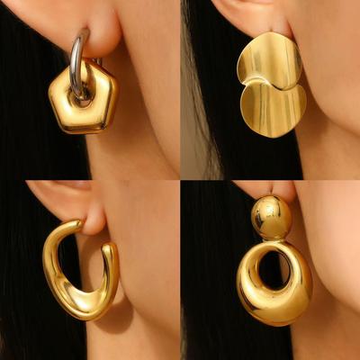 Boucles d'oreilles géométriques en acier inoxydable plaqué or 18 carats, mode japonaise et coréenne, design lisse vintage, bijoux inaltérables.