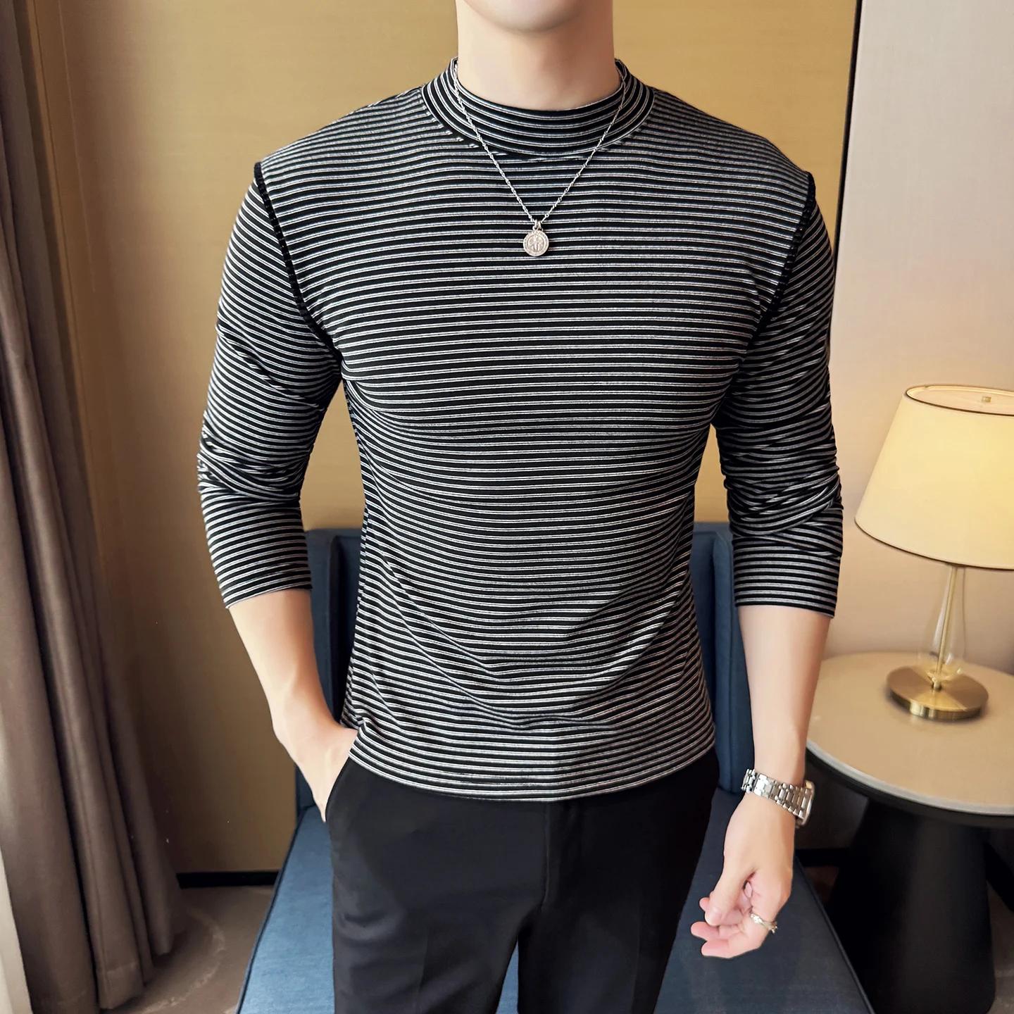 

2026 Mens Knitted Long Sleeve Base Shirt Man Mock Neck Tight Fit T-Shirts Male Casual Striped Tshirts Winter Inner Wear Pullover M чёрный