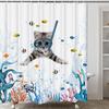 Funny Cat Shower Curtain,Cute Cat Teal Blue Sea Oceanshower Curtain Set,Underwater Animal Fabric Shower Curtains For Bathroom