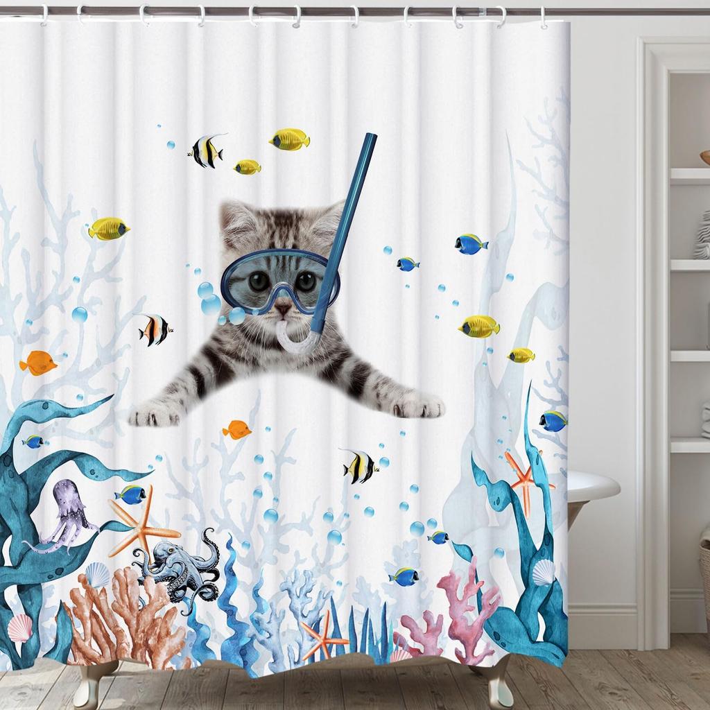 Funny Cat Shower Curtain,Cute Cat Teal Blue Sea Oceanshower Curtain Set,Underwater Animal Fabric Shower Curtains For Bathroom