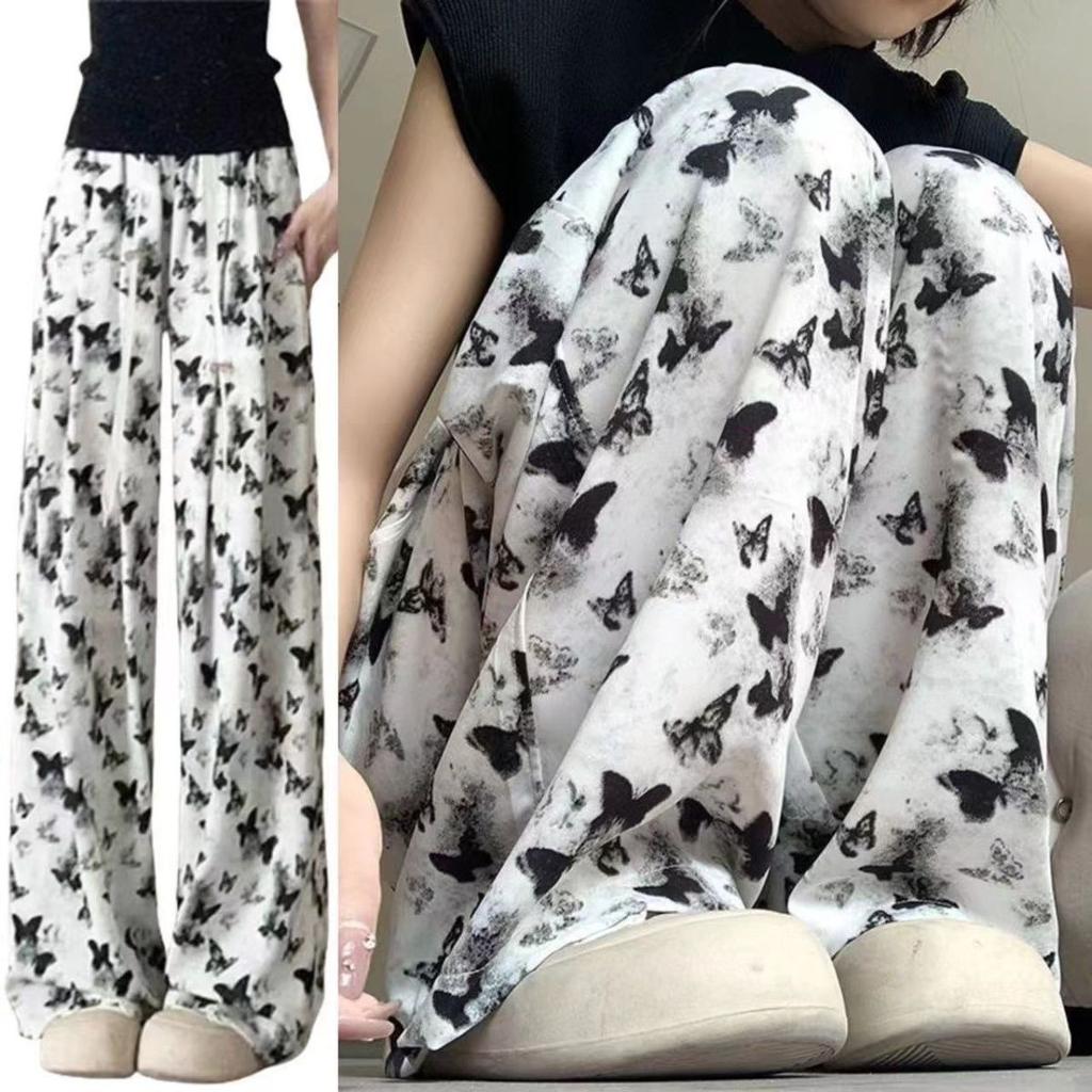 Ink Wash Chinese Style Wide-Leg Pants for Women - Summer Thin High-Waisted Butterfly Casual Straight-Leg Tie-Dye Ice Silk Sun-Protective Trousers