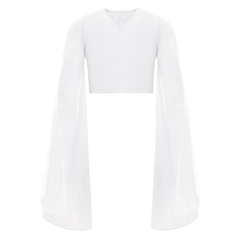 Girls Classical Dance Crop Top: V Neck Split Flared Sleeves Elegant Top for Practice Performance