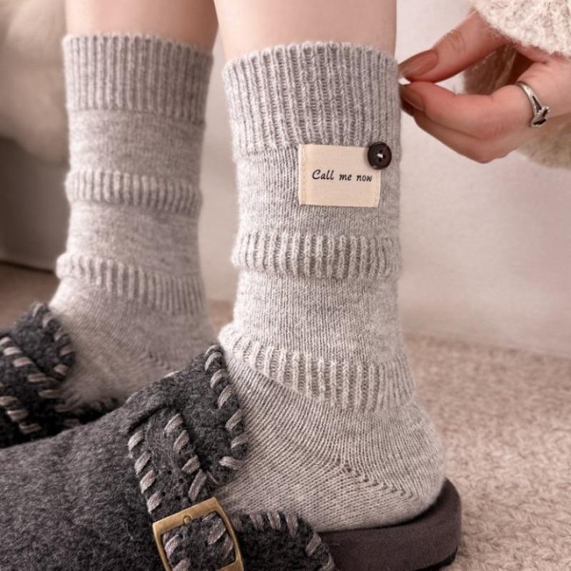Wool Accessories Women's Socks - Winter High-end Thick and Warm Knitted Fabric with Logo Buttons, Pure Color, Simple Design, Mid-calf Length Socks
