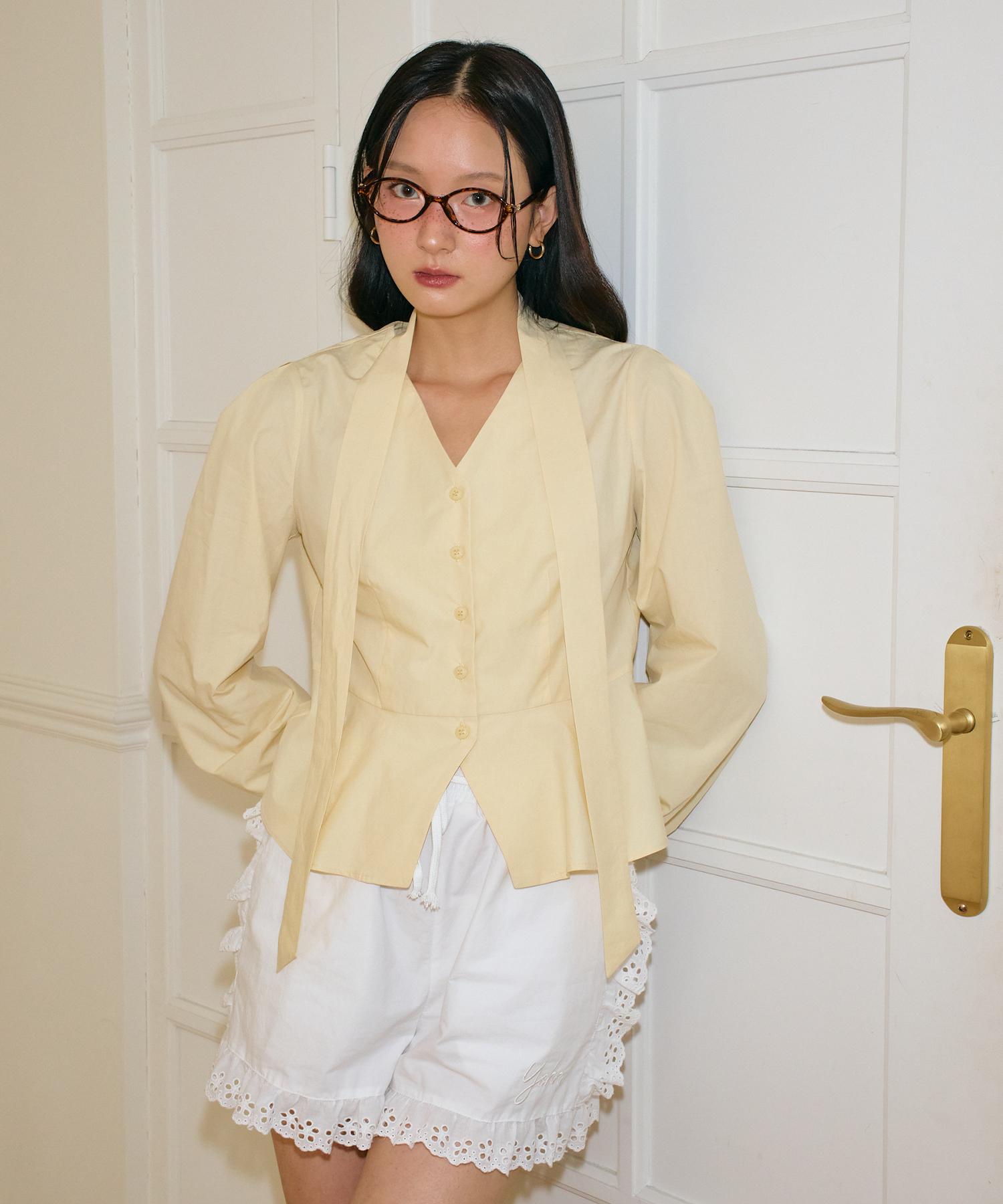 Salon De Yon V-Neck Tie Cotton Blouse_ Lemon S