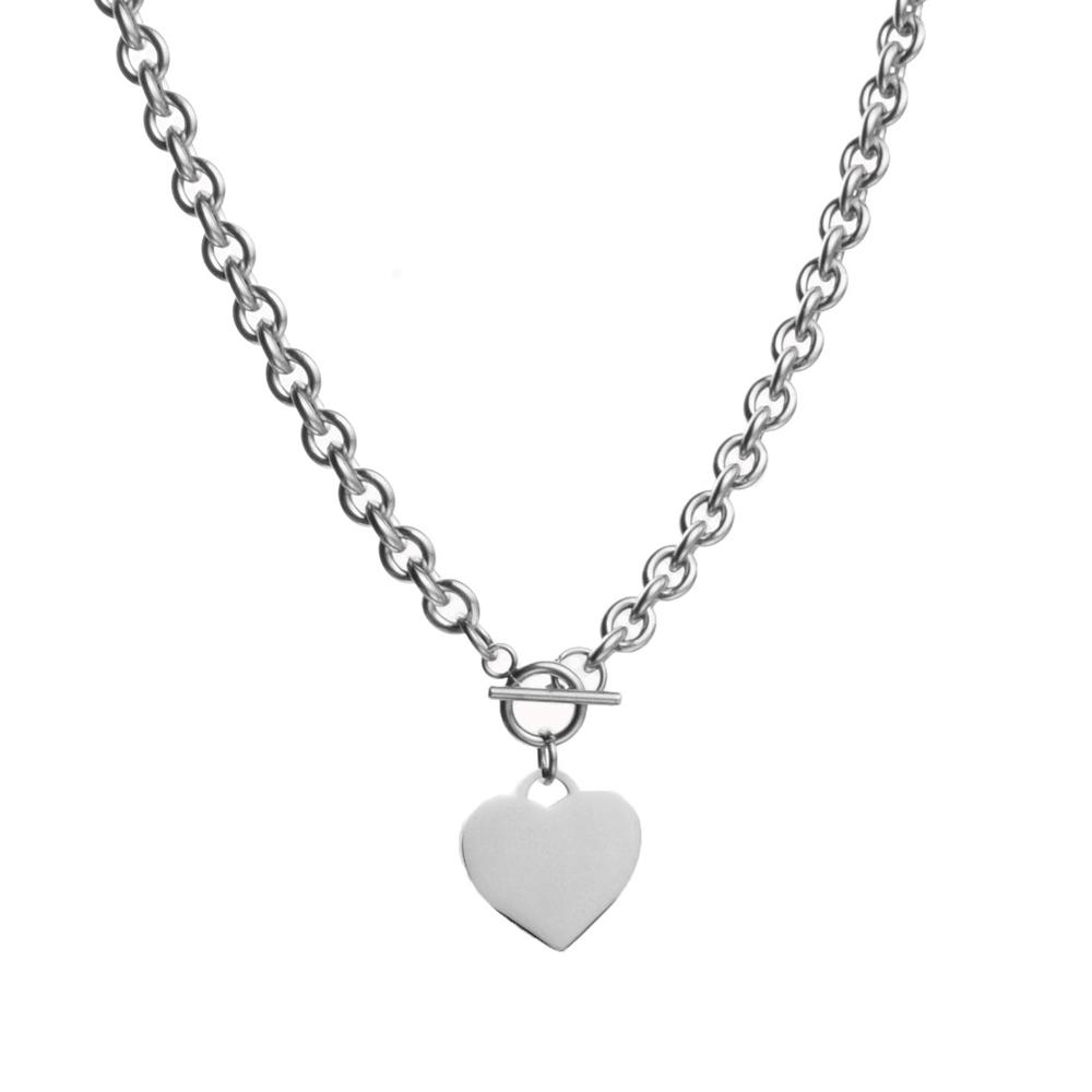 Stainless Steel Heart Charm Cable Chain Bracelet Necklace Set with Toggle Clasp Punk Rock Collar Necklace for Women Men