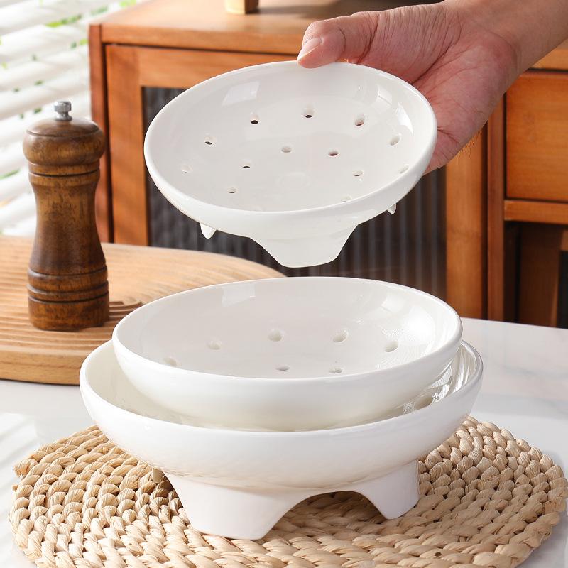 Creative Ceramic Porous Steaming Plate, Steaming Rack In The Pot, Multi-Functional Steamer, Drain Fruit Plate, Household High-Footed Deep Steaming Pla