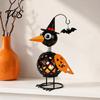 Creative Halloween Gift Wrought Iron Crow And Pumpkin Ornament, Metal Bird Candle Holiday Home Accents Holder Statue with LED for Table Decor
