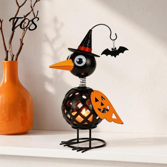 Creative Halloween Gift Wrought Iron Crow And Pumpkin Ornament, Metal Bird Candle Holiday Home Accents Holder Statue with LED for Table Decor