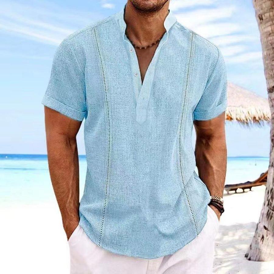 Hallow Stripe Cotton Shirts Mens Vacation Solid Buttons Stand Collar Short Sleeve Shirt Casual Men White Blue Men Clothes