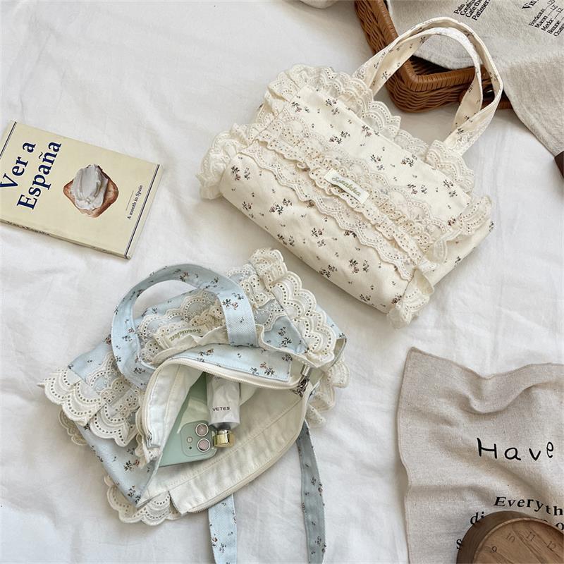 Cute Sweet Lace Floral Handbag Large Capacity Casual Commuting Tote Bag Portable Storage Bag Girl Heart Clutch Cosmetic Bag Gift