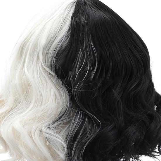 Cruella Wig Vivid Styles Wavy High Temperature Fiber Half Black Small Short Curly Cos Wig Cosplay Tools