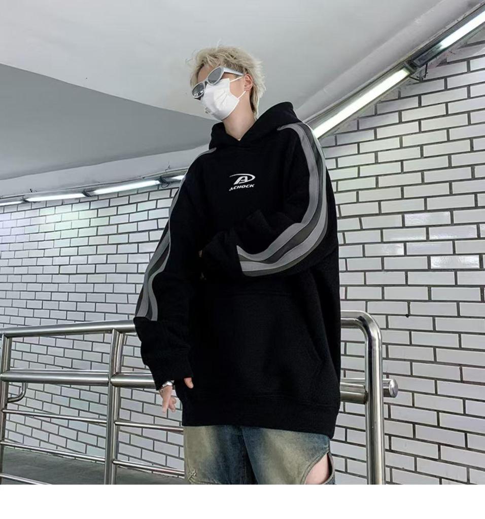 Men's Trendy American Striped Patchwork Hoodie - Autumn/Winter Casual Loose Fit for Couples