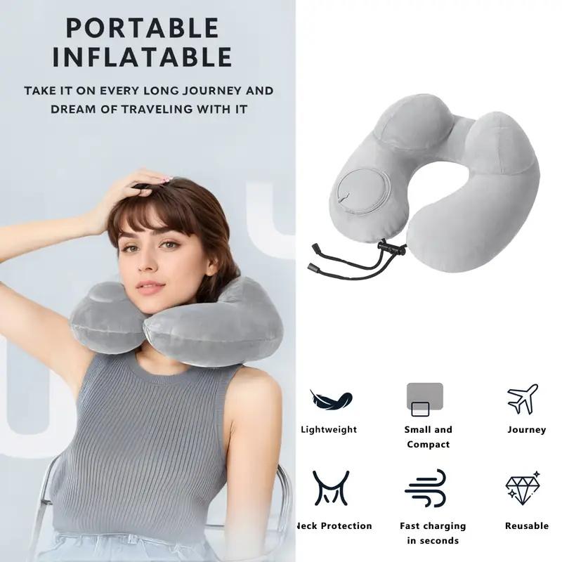 1 Press Type Inflatable Pillow U-Shaped Pillow, Foldable U-Shaped Double Hump Neck Pillow, Portable Outdoor Travel Pillow