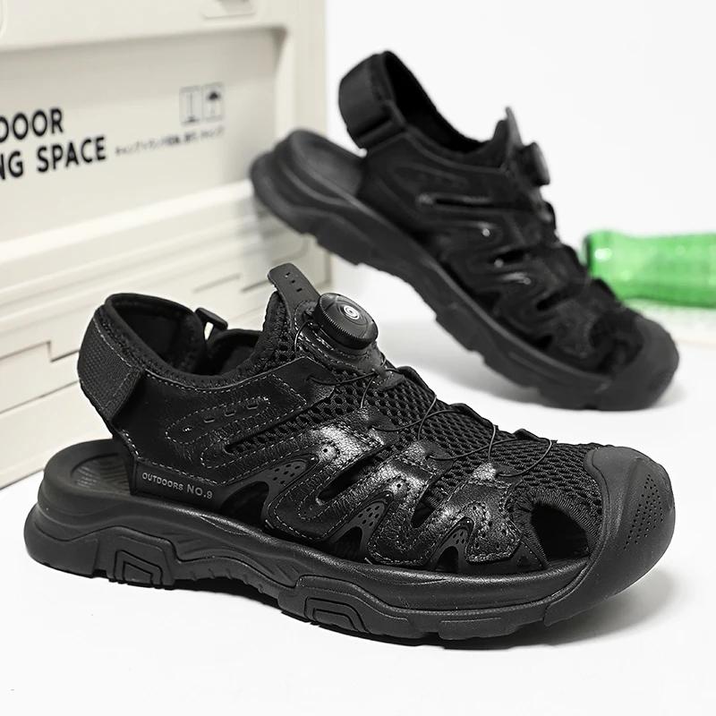 Fashion Summer Men British Style Walking Sandals Genuine Leather Casual Leather Outdoor Beach Shoe Breathable Antiskid Sandals Plus Size