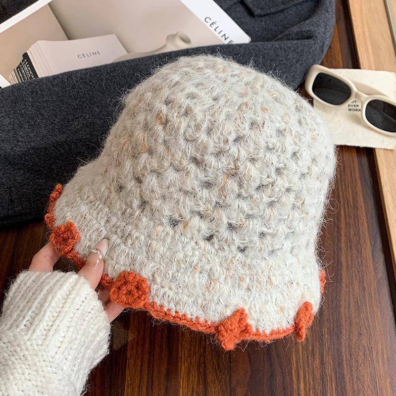 Handwoven blue flower bucket hat women's autumn and winter sweet versatile atmosphere knitted hat warm wool hat