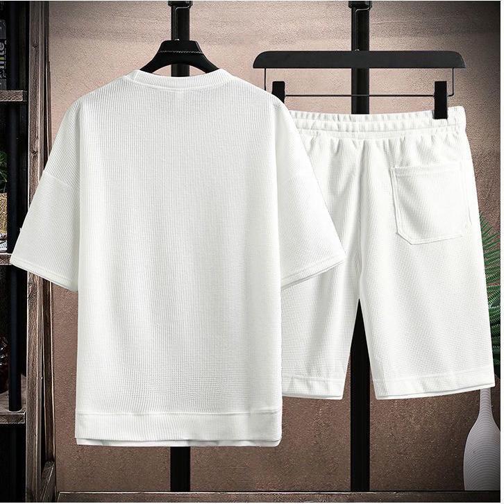 Waffle Men's Summer Short Sleeve and Shorts Two Piece Sets Sports Casual Tracksuit Men Comfortable Cool Shorts Oversized Set