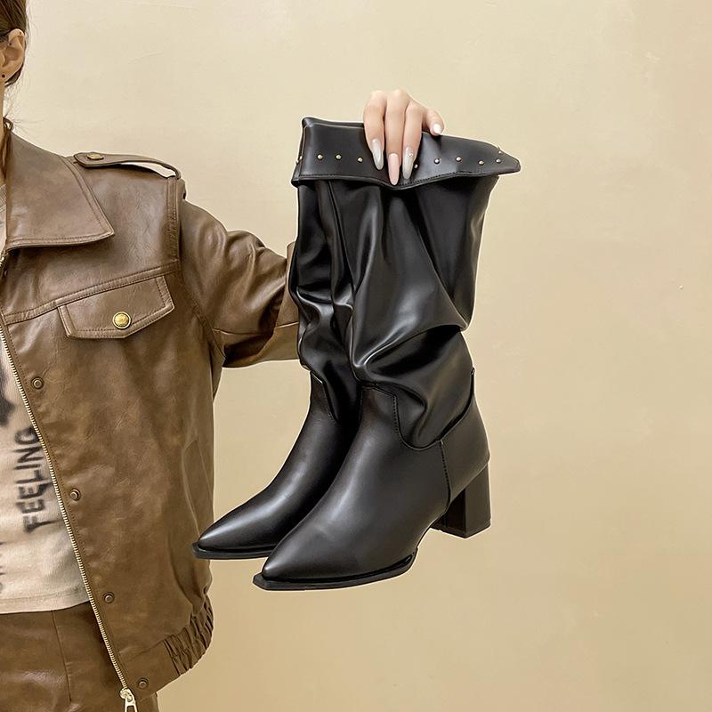 

Piaohong retro style Spice Girl pointed head pleated rivet boots women s 2025 autumn and winter new versatile knight boots fashion boots 35 чёрный