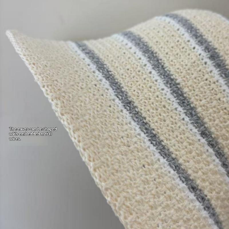 Summer Essential Striped Basin Hat with Knitted Hollow Out Design Foldable for Beach Sunshade