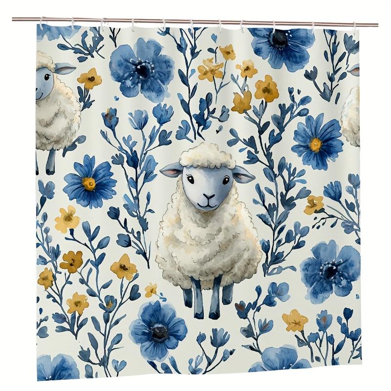 1Pc Sheep & Floral Shower Curtain - Cartoon Design, 71X71 Inch, Polyester, 12 Hooks, Hand Wash, Summer Decor