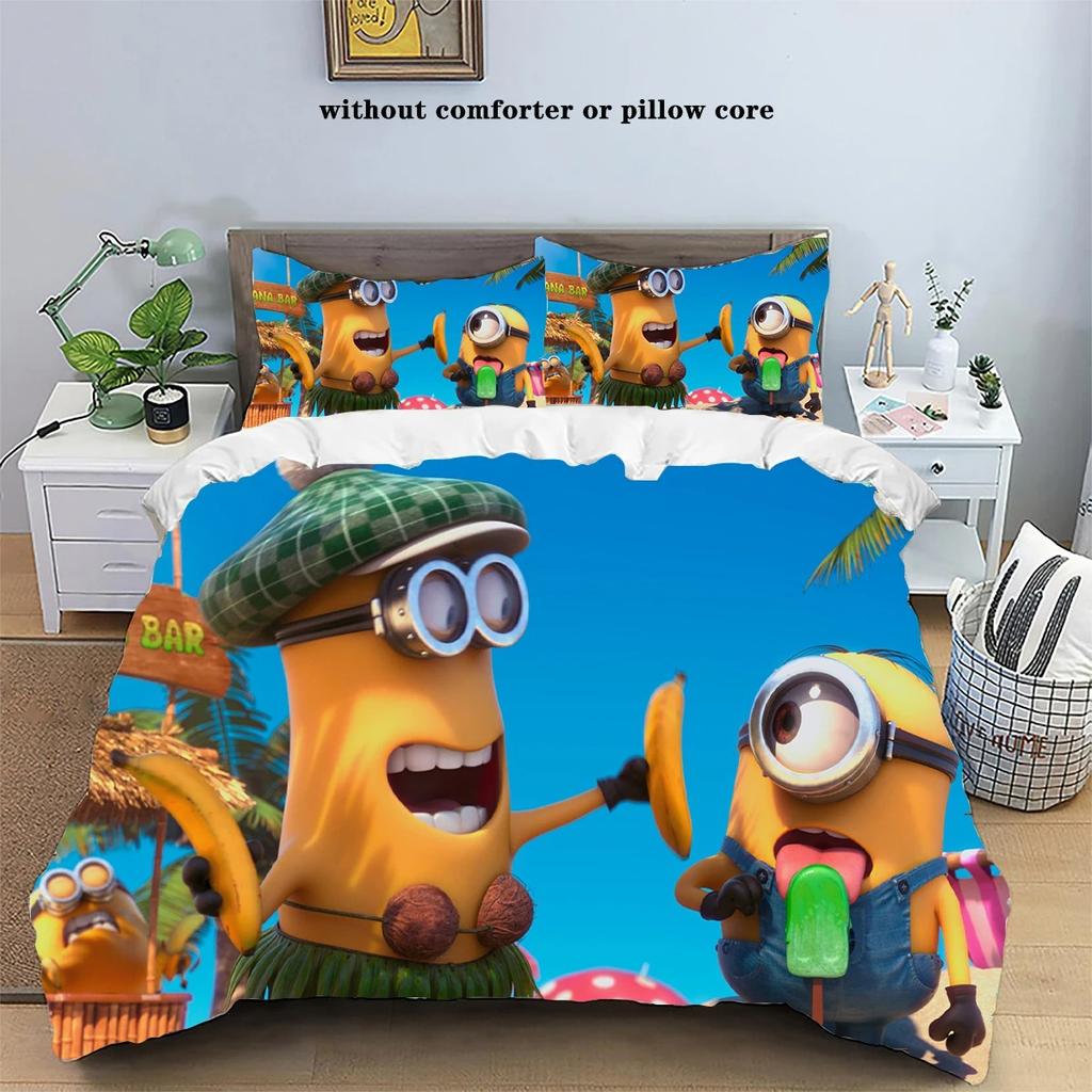 Mini-ons Anime Printed Home Pillowcase Duvet Cover Indoor Bed Comfortable Polyester Three Piece Set Full Size Customizable