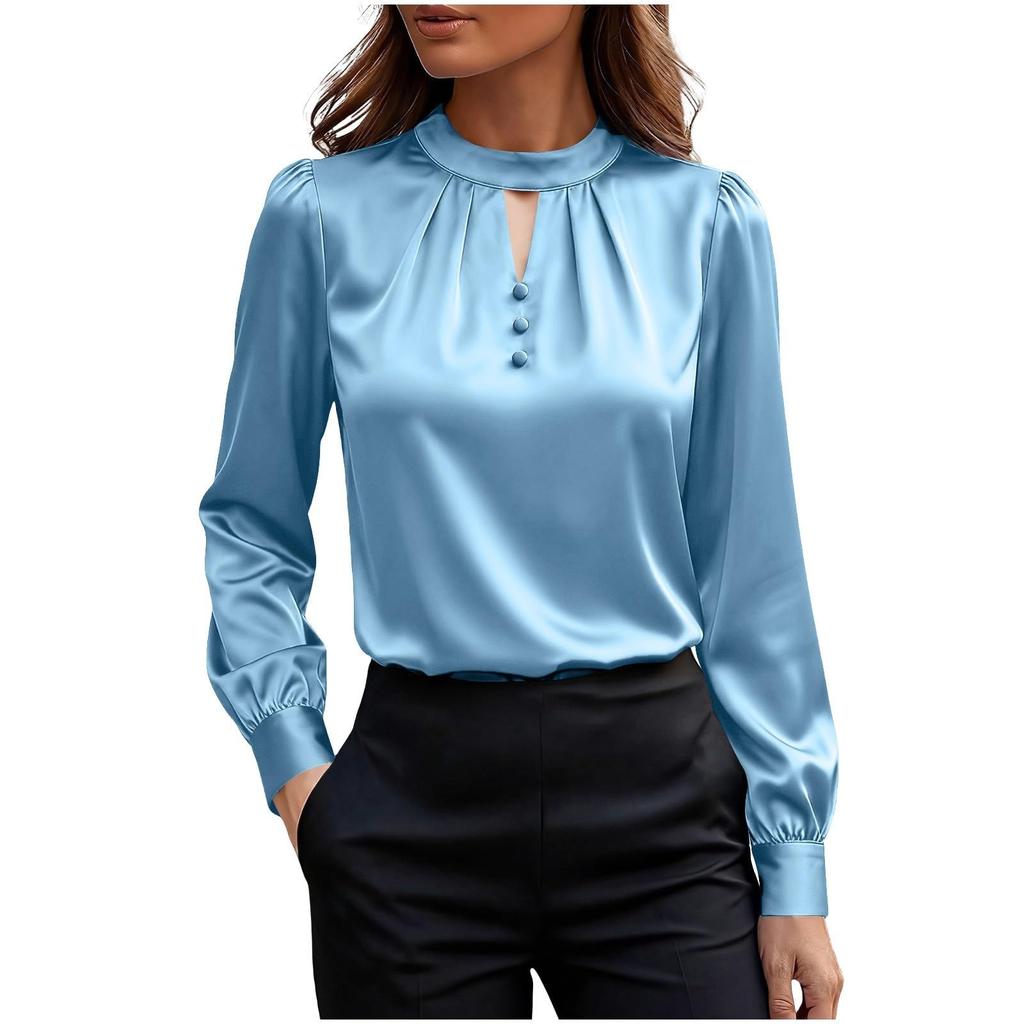 Women's Color Round Neck Long Sleeve Button Casual Business Shirt Top