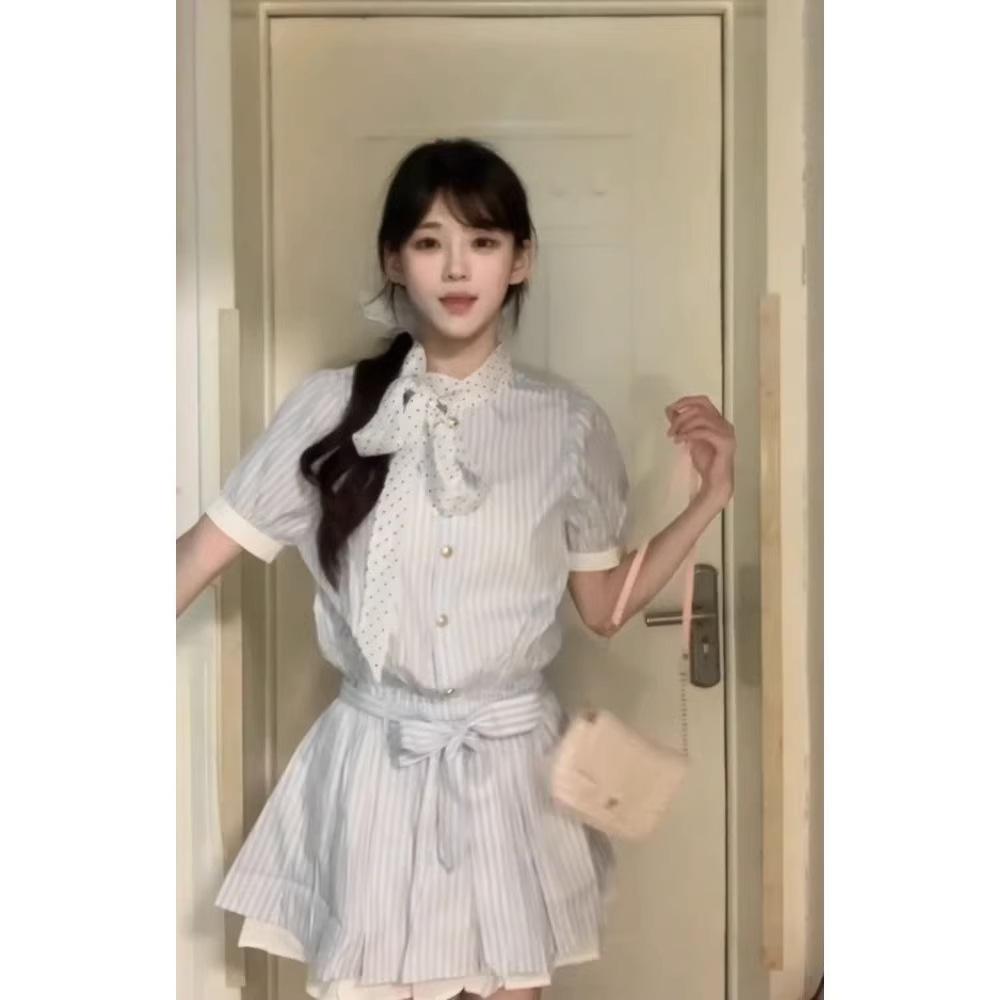 Summer new splicing design contrasting striped shirt dress fashion thin college lace-up skirt short skirt