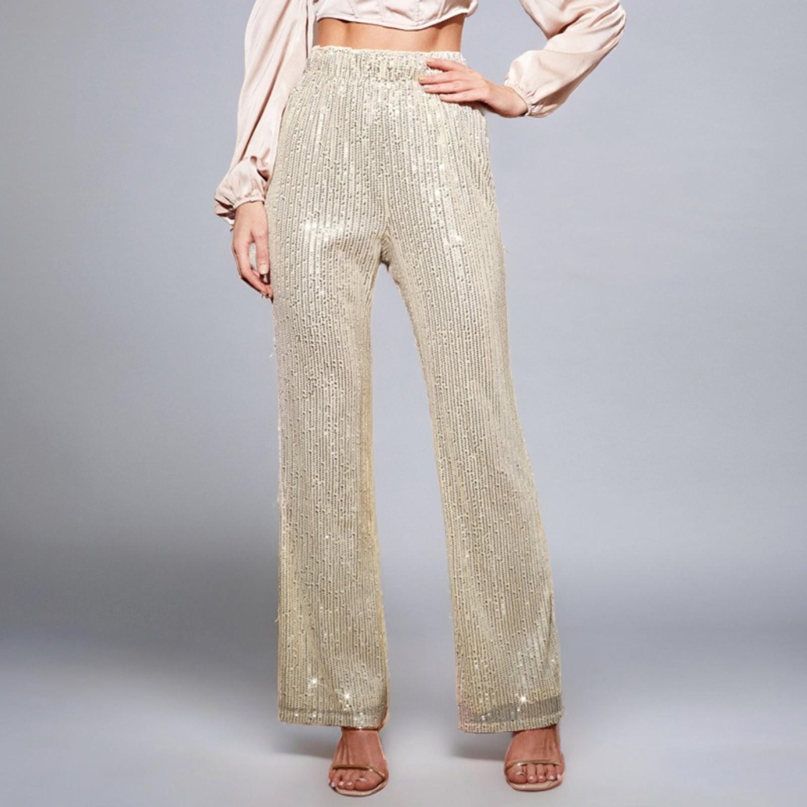 

Женские модные повседневные тонкие брюки с высокой талией, однотонные широкие брюки с пайетками XL