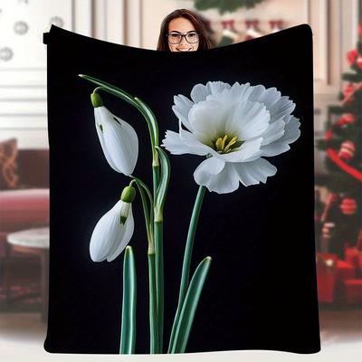 1pc Vintage Floral Print Blanket 60x80 Inch - Black Background with White Snowdrops & Carnation Design, Thread Count