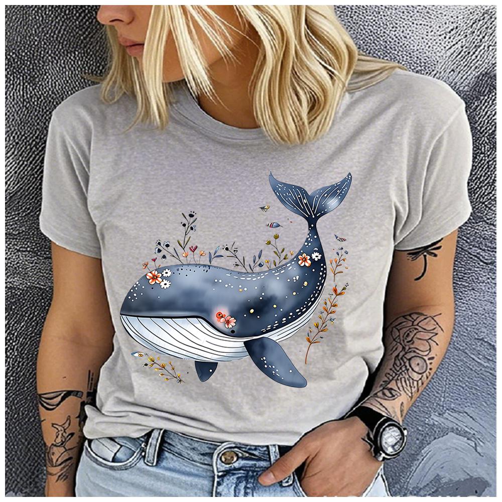 Unisex 100% Polyester Summer Top Watercolor hand-drawn style blue whale Print Loose round Neck Short Sleeve Fashion for Lovers