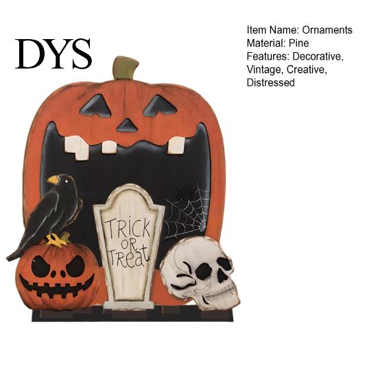 Rustic Style Holiday Ornaments Halloween Wooden Pumpkin Skull Crow Tombstone Ornament, Retro DIY Tabletop Centerpiece, Creative Split Set for