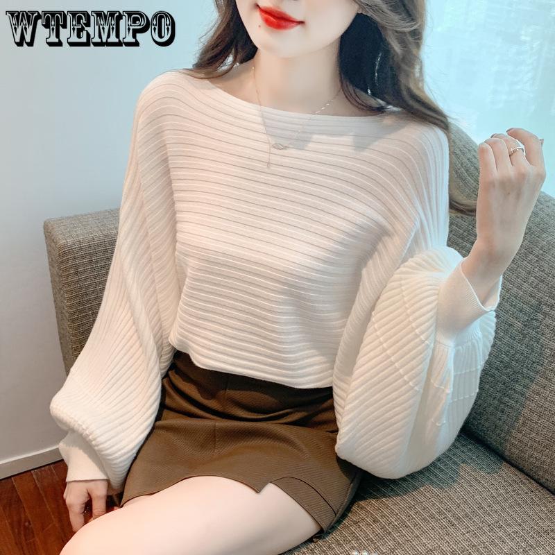 Lantern-sleeved Sweater Women's One-neck Long-sleeved Knitted Sweater Solid-color Loose Pullover Women's Autumn and Winter