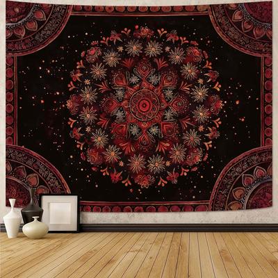 Boho Mandala Gobelin Ścienny Hippisowski Bohemian Kwiatowy Medalion Gobelin Estetyczny Duży Vintage Czarny Czerwony Indyjski