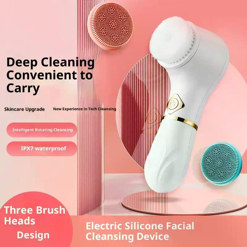 3 In 1 Electric Silicone Facial Brush Cleaner Vibration Rotating Massage Pore Cleansing Instrument Waterproof Beauty Tool