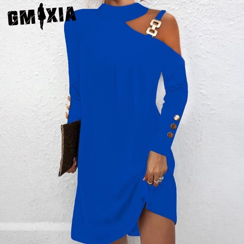 

GMXIA Женские Модные Весенне-Осенние Однотонные Платья с Принтом, Длинным Рукавом, Высокой Талией, Повседневные L синий