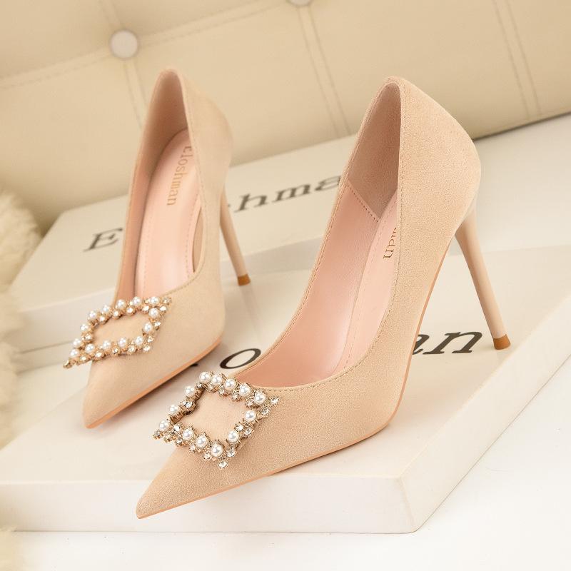 Fashion high heels women's shoes thin heels high heels shallow mouth pointed pearl rhinestone square buckle suede shoes