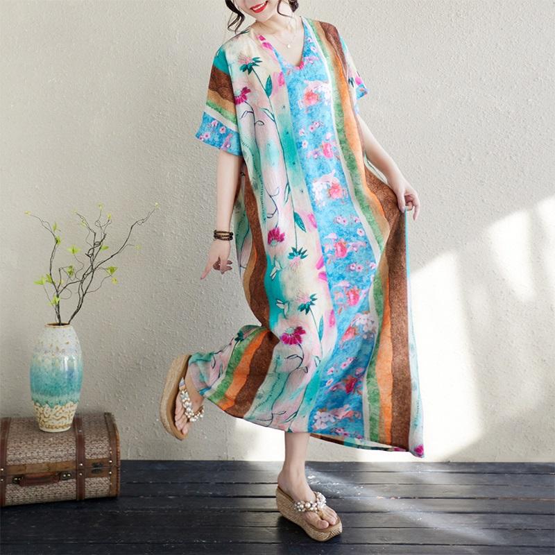 Short Sleeve Plus Size Vintage Floral New In Dresses for Women Casual Loose Long Summer Dress