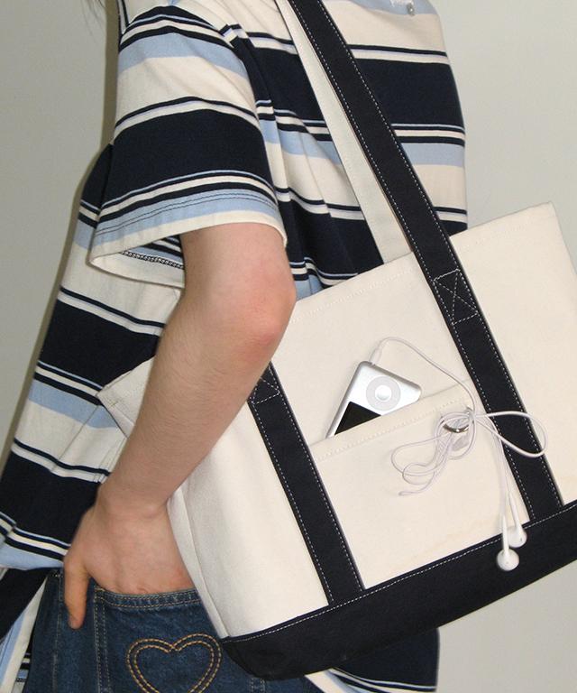 Ronron Daily Contrast Canvas Tote Bag Cream Navy