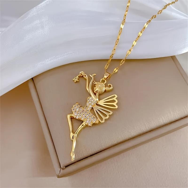 Un collar con colgante de bailarina de alas de ángel, completamente nuevo, precioso y elegante, incrustado con brillantes y lujosos circonitas cúbicas sintéticas, es adecuado como