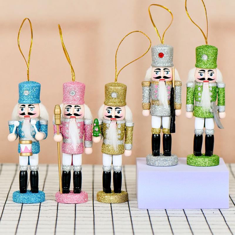 1/5Pcs Holiday Small Hanging Decoration 13Cm Colorful Glitter Nutcracker Soldier Puppets Christmas Wooden Ornaments
