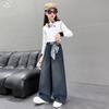 Girls' High-Waisted Wide-Leg Jeans - Deep Blue Multi-Pocket Slimming Pants for Older Children