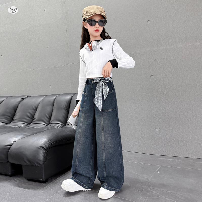 Girls' High-Waisted Wide-Leg Jeans - Deep Blue Multi-Pocket Slimming Pants for Older Children