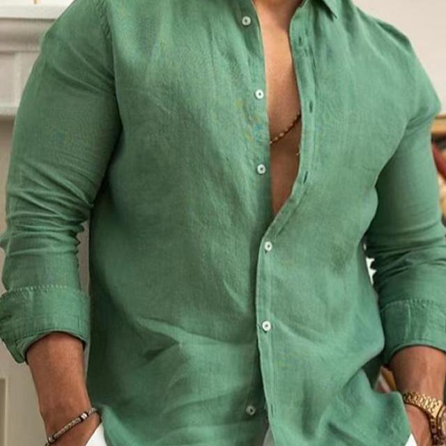

Однотонная мужская рубашка из хлопка и льна для молодежной повседневной носки XL зелёный