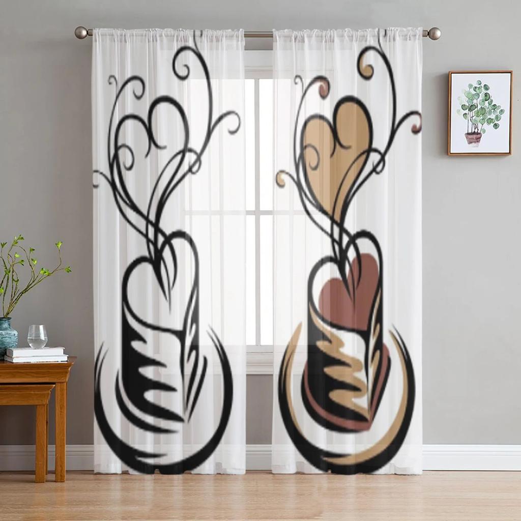 Záclony s potiskem šálku kávy ve tvaru srdce pro okno obývacího pokoje Průhledná záclona z voálu a tylu Závěsy do ložnice Domácí dekorace