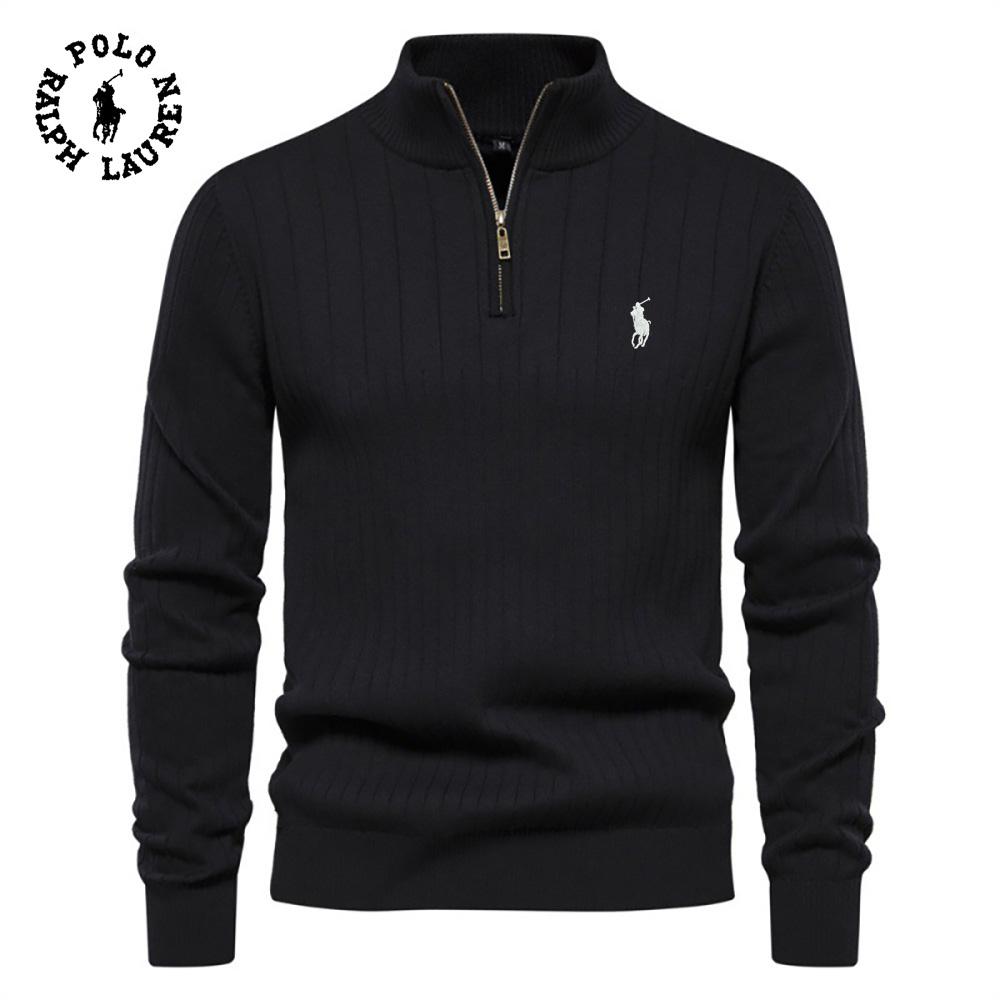 Ralph Lauren Embroidered Stand Up Collar Cotton Men's Sweater Casual Half Zipper Solid Color Pullover High-quality Men's Knitted Sweater