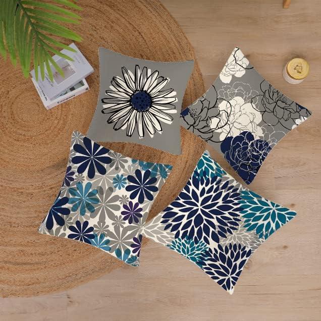 BetterJonny Cushion Cover Scandinavian 45x45cm Blue 4 Pieces Linen Floral Pattern Sofa Interior Decoration Back Cushion Cover Sat Futon Cover