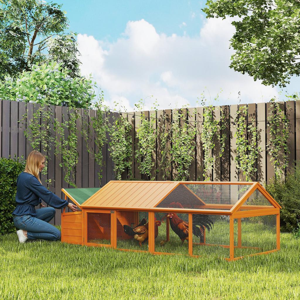 Chicken Coop Free-Range Enclosure 2.4 X 1.125 X 0.76 M with Lock, Fir Wood, with Door, Hinged Roof, Outdoor Poultry Coop, 4-8 Chickens, Orange