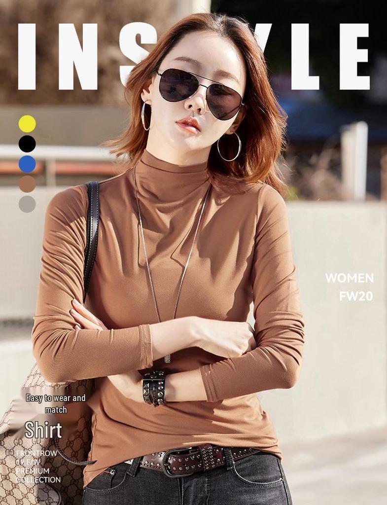 Damen Frühjahr 2025 Schlankmachendes Baumwoll-Langarm-Oberteil mit hohem Kragen